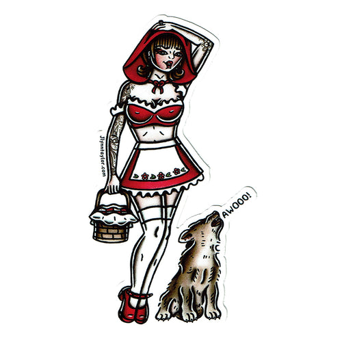 American traditional tattoo flash illustration Little Red Riding Hood Cosplay Pinup watercolor sticker.