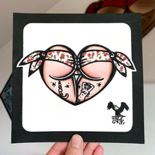 Load image into Gallery viewer, American traditional tattoo flash Red Rose Scrunch Butt Bikini booty Heart watercolor painting.
