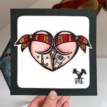 Load image into Gallery viewer, American traditional tattoo flash Serape Scrunch Butt Bikini Booty Heart watercolor painting.
