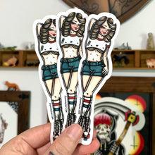 Load image into Gallery viewer, American traditional tattoo flash illustration Rollerskate Roller Girl Pinup watercolor stickers.
