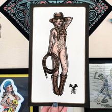 Load image into Gallery viewer, American traditional tattoo flash Nude Rope Cowgirl Pinup watercolor painting.
