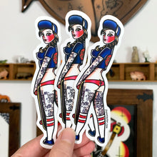 Load image into Gallery viewer, American traditional tattoo flash Santa Cruz Skateboard Pinup watercolor sticker.
