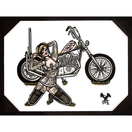 American traditional tattoo flash illustration 1971 Harley Davidson Ironhead Chopper Pinup watercolor painting.