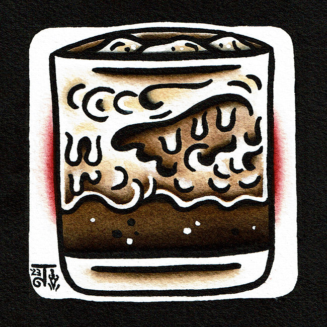 American traditional tattoo flash illustration White Russian Cocktail ink and watercolor painting.