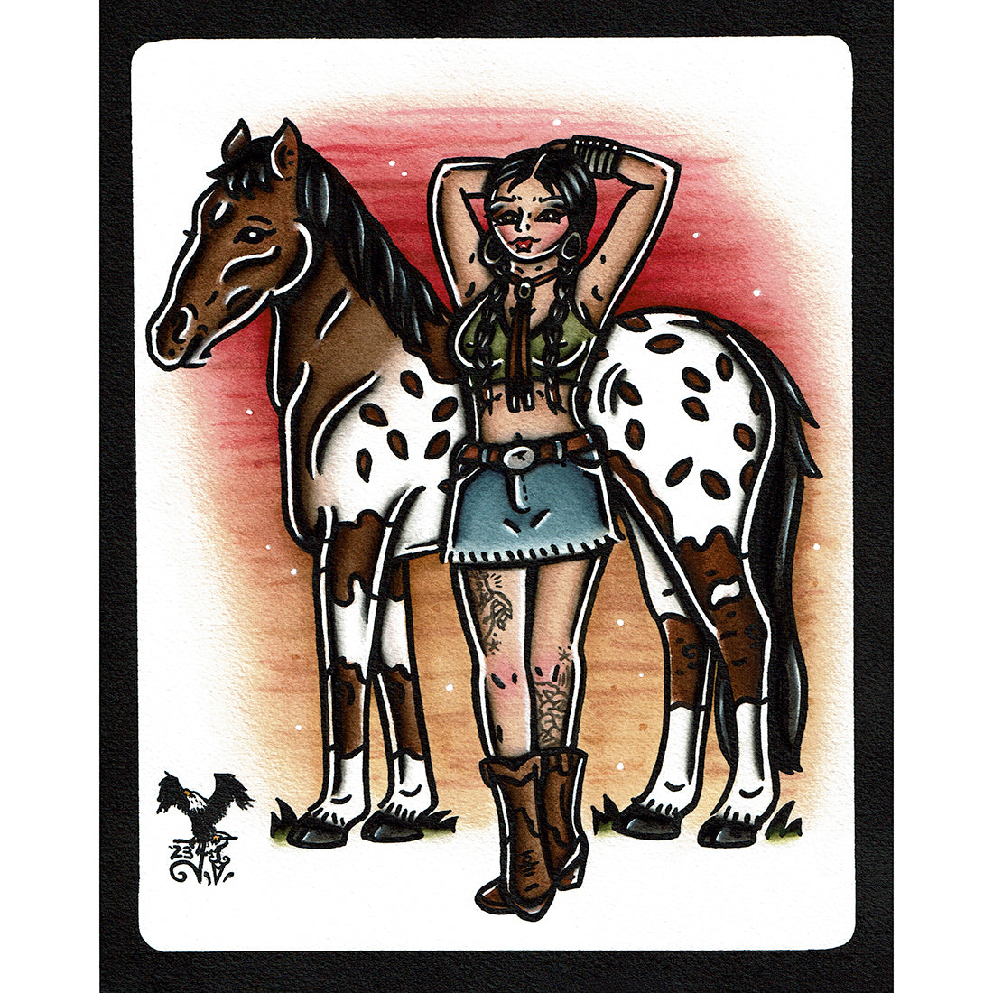 American traditional tattoo flash illustration Nez Perce Tribe Appaloosa Horse Pinup watercolor painting.