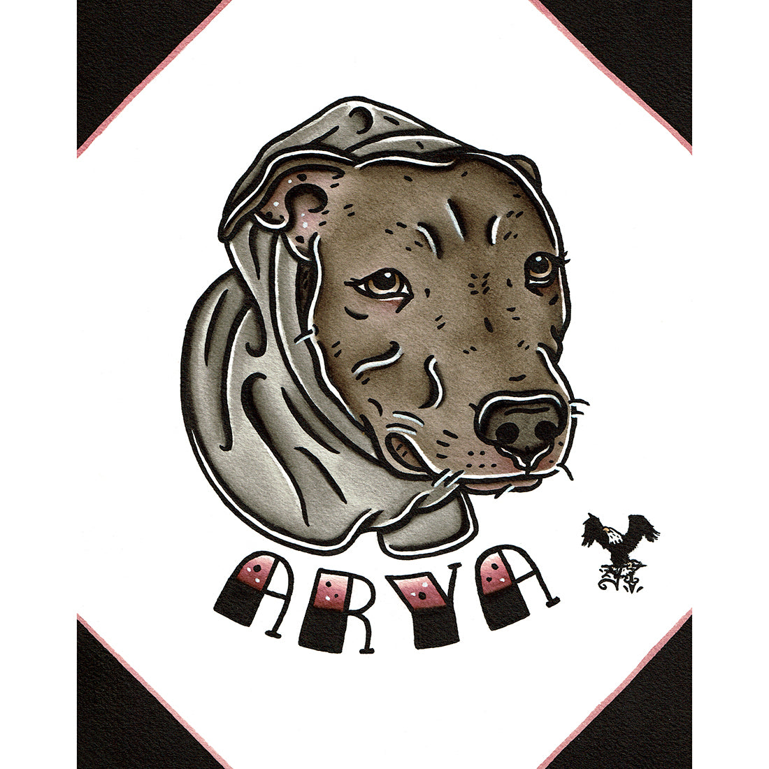 American traditional tattoo flash illustration Pitbull in hoodie Pet Portrait watercolor painting commission.