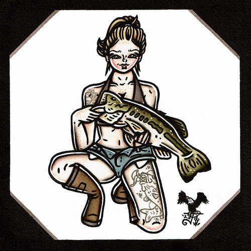 American traditional tattoo flash illustration Largemouth Bass Fishing Pinup Painting.