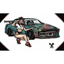 Load image into Gallery viewer, American Traditional tattoo flash illustration Bear Dellinger Nissan Silva S13 Drift Car Pinup commissioned watercolor painting.

