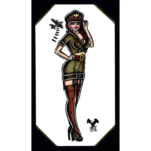 American traditional tattoo flash US Air Force bomber Pinup ink and watercolor painting.