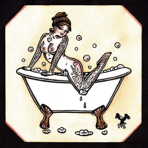 American traditional tattoo flash Bubble Bath Pinup watercolor painting.