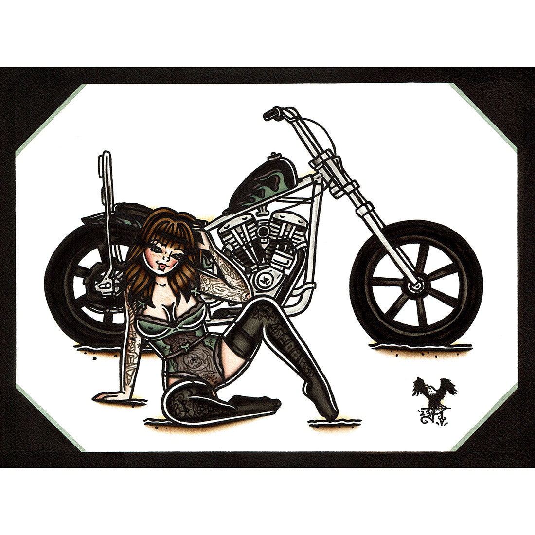 American traditional tattoo flash illustration Harley Davidson Cone Shovelhead Chopper Pinup watercolor painting.