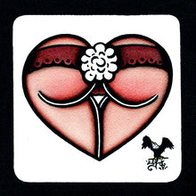 Load image into Gallery viewer, American traditional tattoo flash cottontail Bunny Rabbit Booty Butt Heart watercolor painting.
