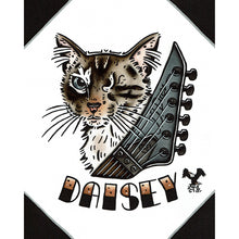 Load image into Gallery viewer, American traditional tattoo flash illustration cat and guitar Pet Portrait watercolor painting commission.
