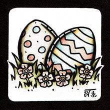 Load image into Gallery viewer, American traditional tattoo flash illustration Easter Eggs in grass and flowers watercolor painting.
