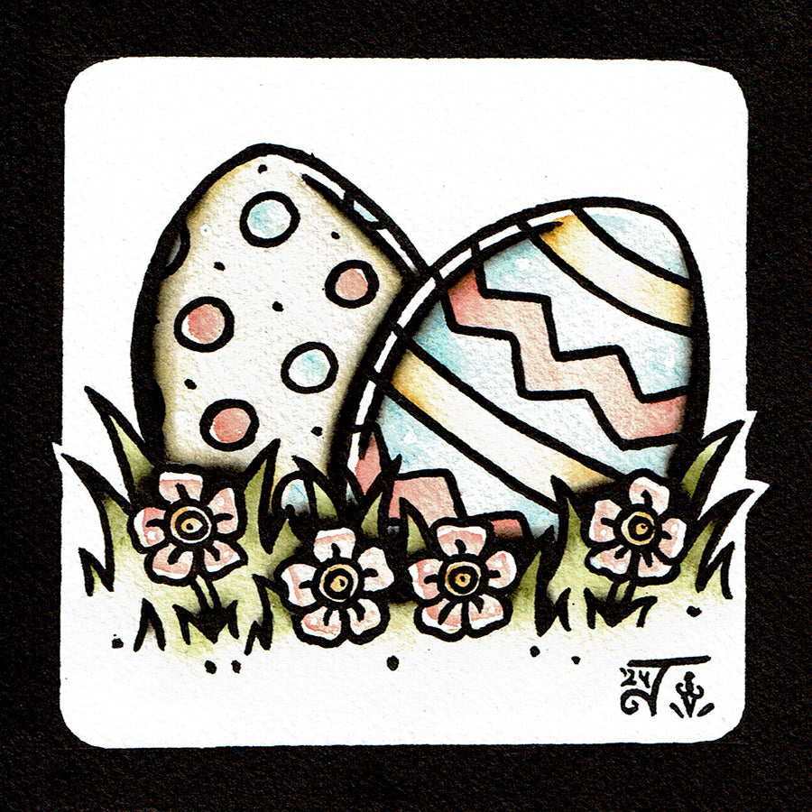 American traditional tattoo flash illustration Easter Eggs in grass and flowers watercolor painting.