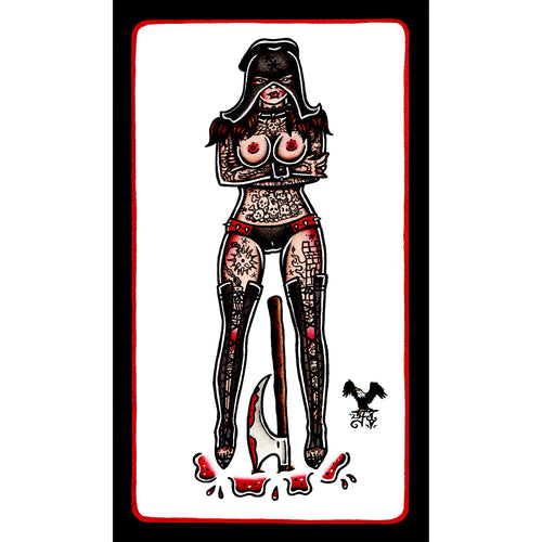 American traditional tattoo flash Topless Executioner Pinup ink and watercolor painting.