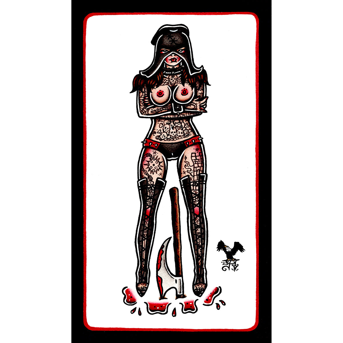 American traditional tattoo flash Topless Executioner Pinup ink and watercolor painting.
