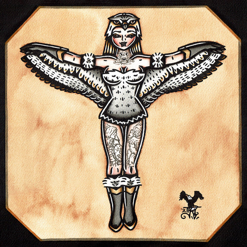 American traditional tattoo flash illustration The Sorceress of Castle Grayskull Falcon Pinup watercolor painting.