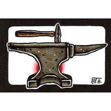 Load image into Gallery viewer, American traditional tattoo flash illustration Hammer and Anvil watercolor painting..
