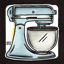 Load image into Gallery viewer, American traditional tattoo flash illustration Kitchen Aid Mixer watercolor painting.
