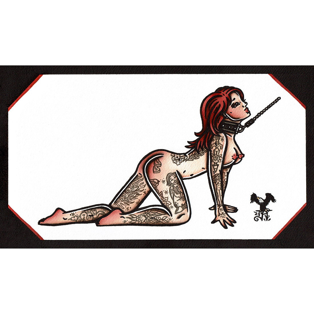 American traditional tattoo flash illustration Leather Leash Bondage Pinup watercolor painting.