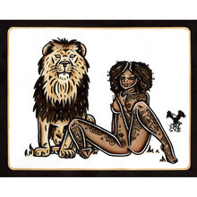Load image into Gallery viewer, American traditional tattoo flash illustration African Lion Pinup watercolor painting.
