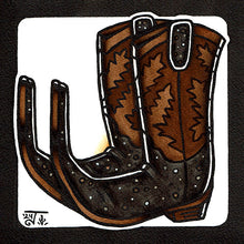 Load image into Gallery viewer, American traditional tattoo flash illustration Mexican Pointy Boots watercolor painting.
