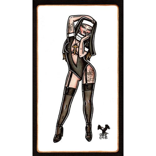 American traditional tattoo flash Nun Pinup watercolor painting.