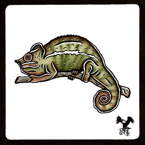 American traditional tattoo flash wildlife illustration Panther Chameleon ink and watercolor painting.