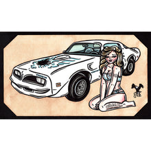 Load image into Gallery viewer, American traditional tattoo flash illustration Pontiac Firebird Trans Am watercolor Pinup Painting.
