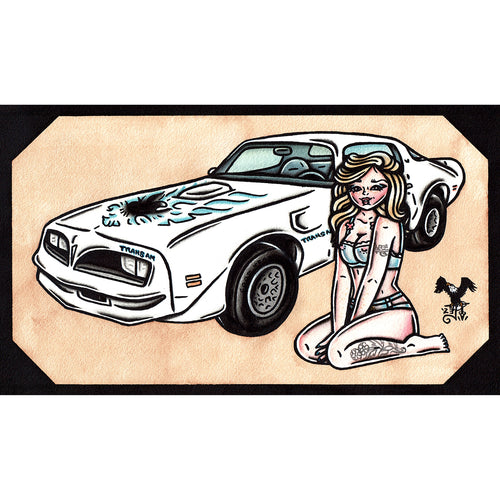 American traditional tattoo flash illustration Pontiac Firebird Trans Am watercolor Pinup Painting.