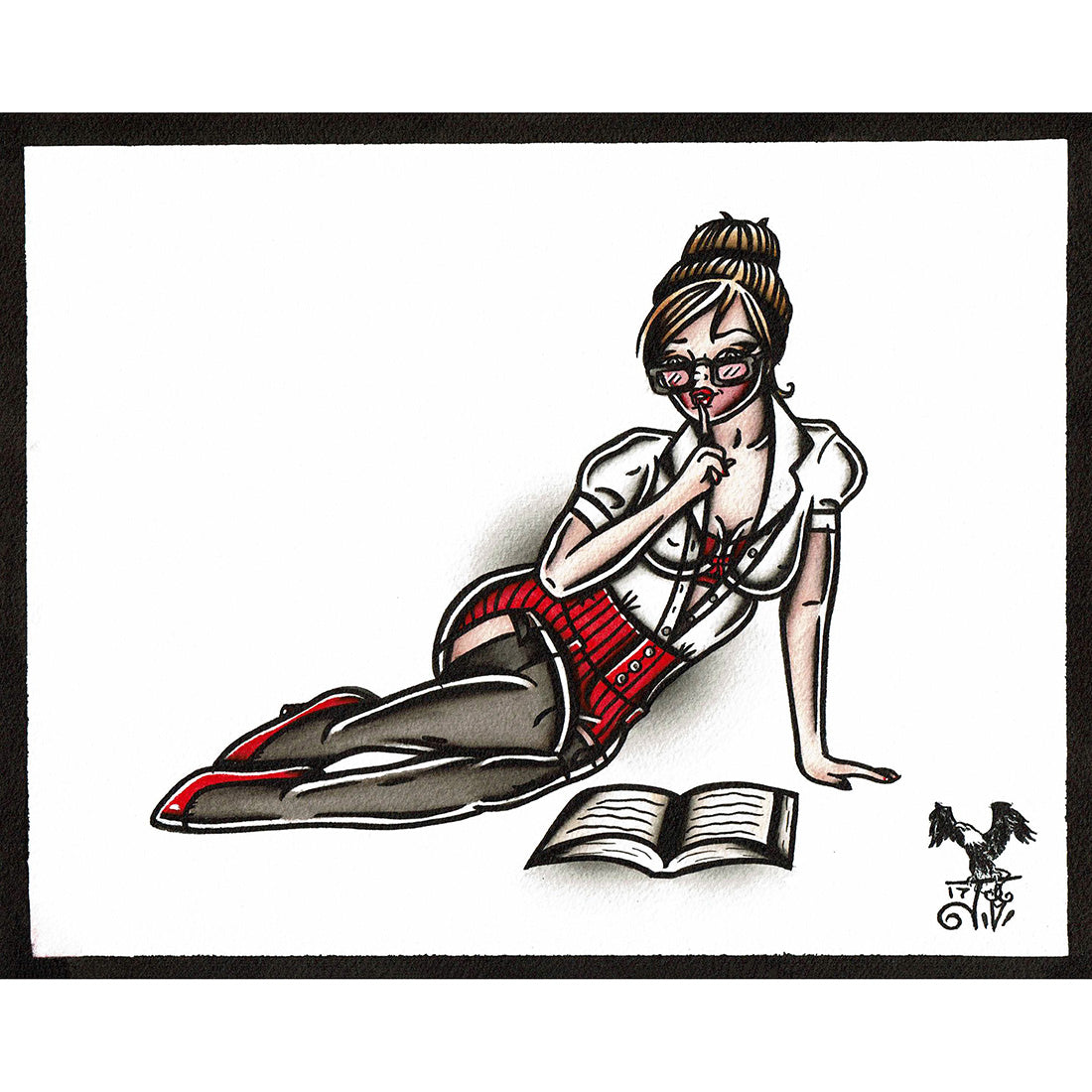 American traditional tattoo flash illustration sexy Librarian Pinup watercolor painting.