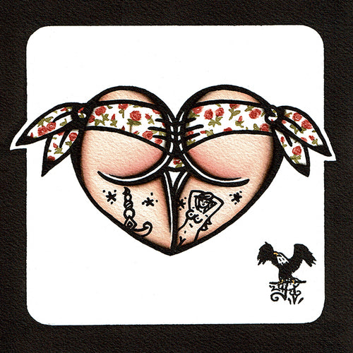 American traditional tattoo flash Red Rose Scrunch Butt Bikini booty Heart watercolor painting.