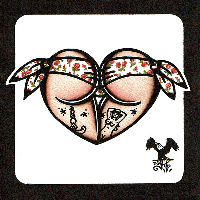 American traditional tattoo flash Red Rose Scrunch Butt Bikini booty Heart watercolor painting.