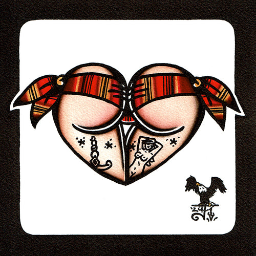 American traditional tattoo flash Serape Scrunch Butt Bikini Booty Heart watercolor painting.