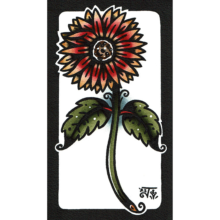American traditional tattoo flash illustration Ring of Fire Sunflower watercolor painting.