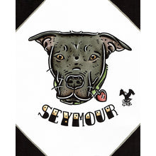 Load image into Gallery viewer, American traditional tattoo flash illustration Pitbull Pet Portrait watercolor painting commission.
