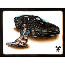 Load image into Gallery viewer, American traditional tattoo flash Smokey and the Bandit Pinup Trans Am watercolor painting.
