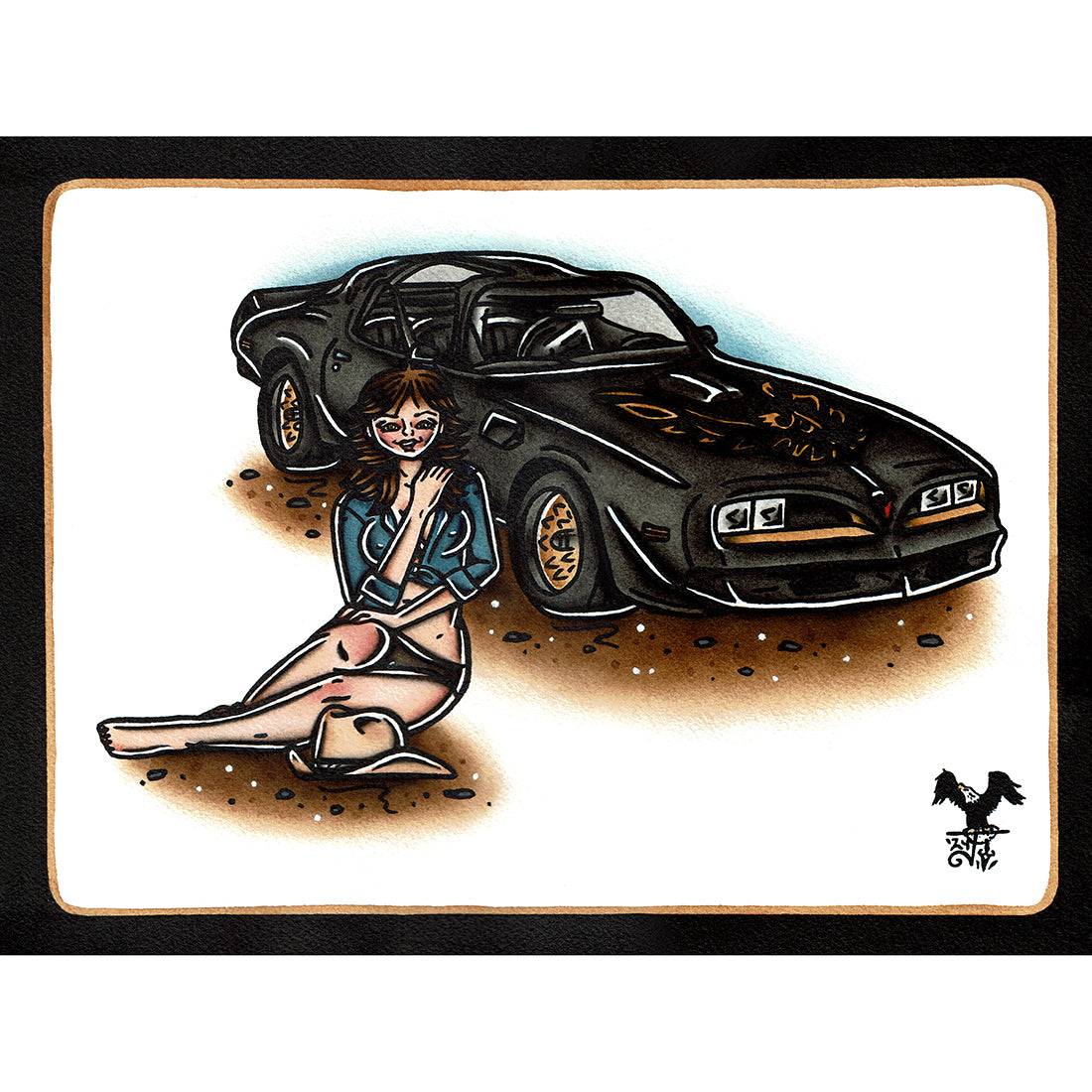 American traditional tattoo flash Smokey and the Bandit Pinup Trans Am watercolor painting.