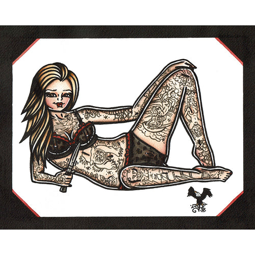 American traditional tattoo flash Italian Stiletto Switchblade Pinup watercolor painting.