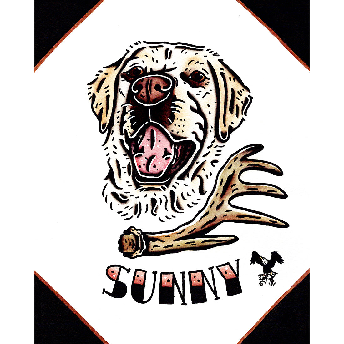American traditional tattoo flash illustration yellow lab Dog Pet Portrait watercolor painting commission.