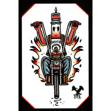 Load image into Gallery viewer, American traditional tattoo flash illustration Tapatio Bottle Riding a Chopper watercolor painting.
