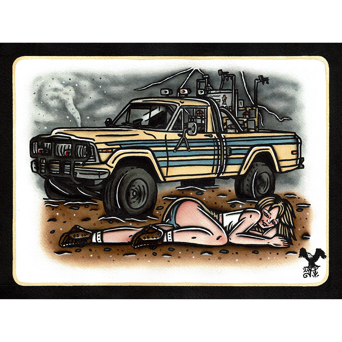 American traditional tattoo flash Twister Pinup Jeep J10 watercolor painting.