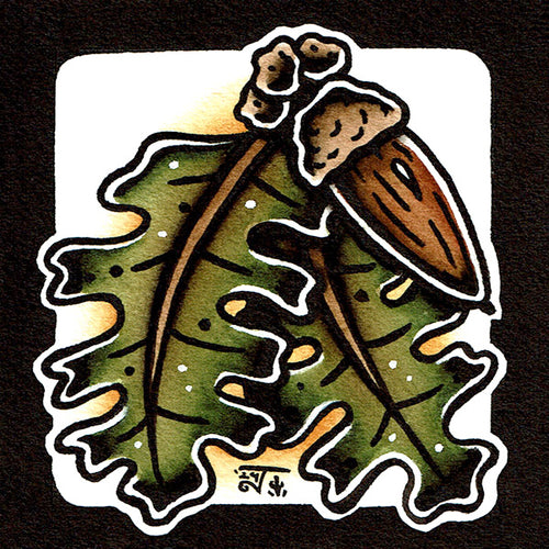 American traditional tattoo flash illustration Valley Oak Quercus Lobata watercolor painting.