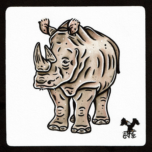 American traditional tattoo flash wildlife illustration White Rhinoceros watercolor painting.
