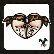Load image into Gallery viewer, American traditional tattoo flash Woodland Camouflage Scrunch butt Bikini Booty Heart Watercolor Painting.
