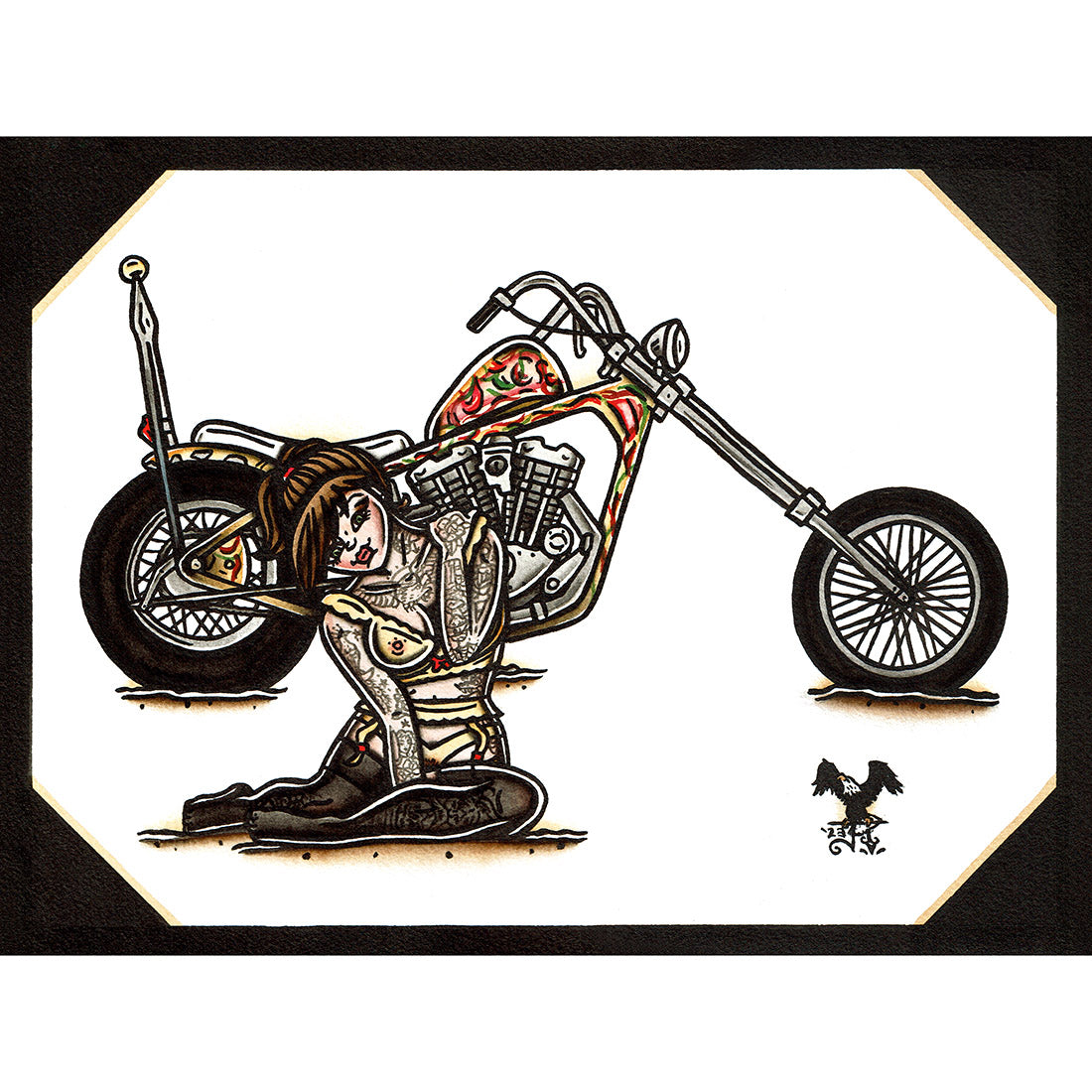 American traditional tattoo flash illustration 1971 Harley Davidson Ironhead Chopper Pinup painting.