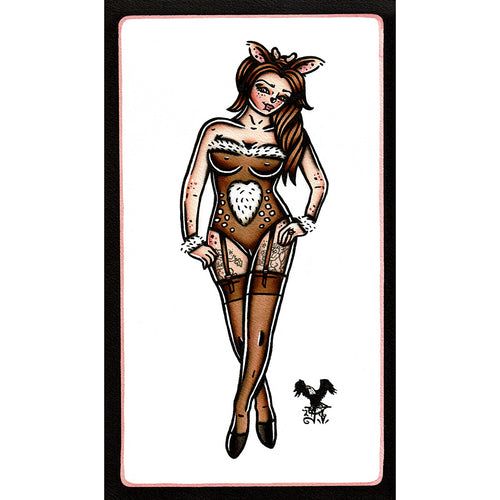 American traditional tattoo flash Fawn Deer Pinup watercolor painting.
