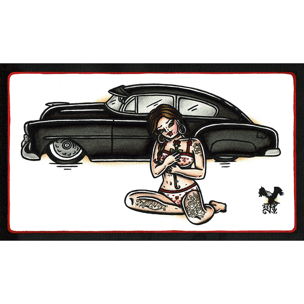 American traditional tattoo flash illustration 1952 Chevrolet Fleetline Pinup watercolor painting.