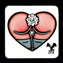 Load image into Gallery viewer, American traditional tattoo flash Nude cottontail Bunny Booty Butt Heart watercolor painting.
